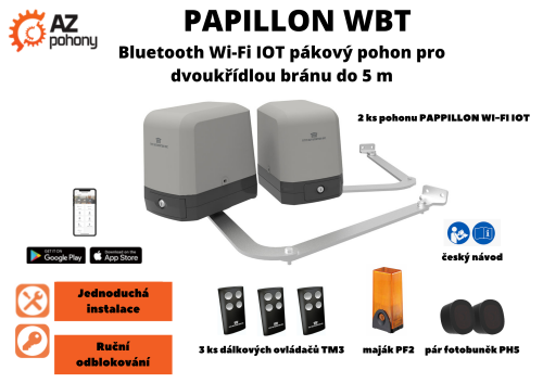 PAPILLON WBT - Bluetooth Wi-Fi IoT pákový pohon pro dvoukřídlou bránu do 5 m